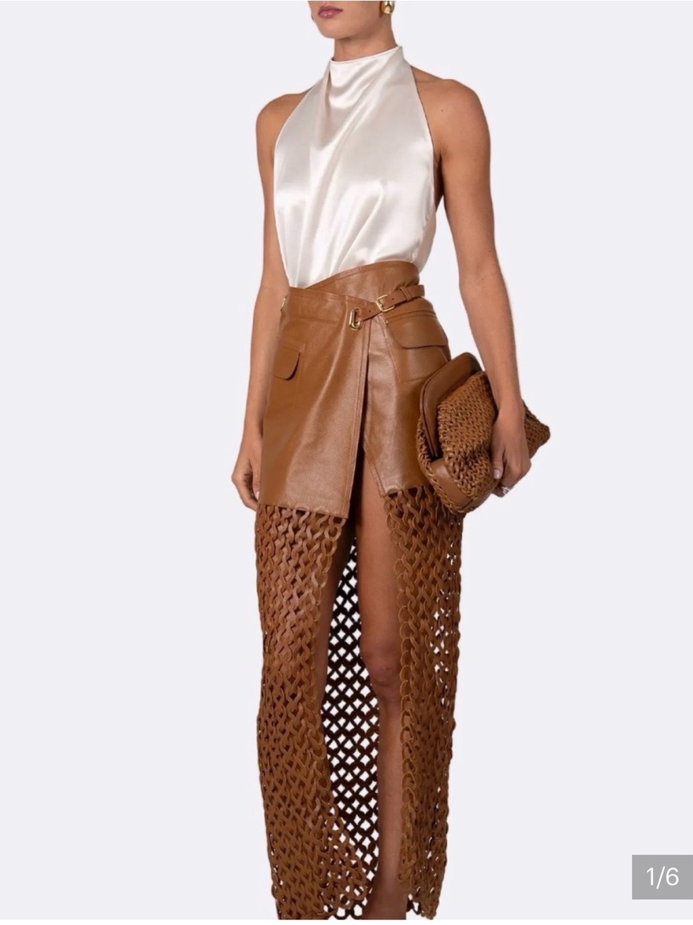 NONchalant Cognac Leather High-Low Mini Skirt with Chain Fringe